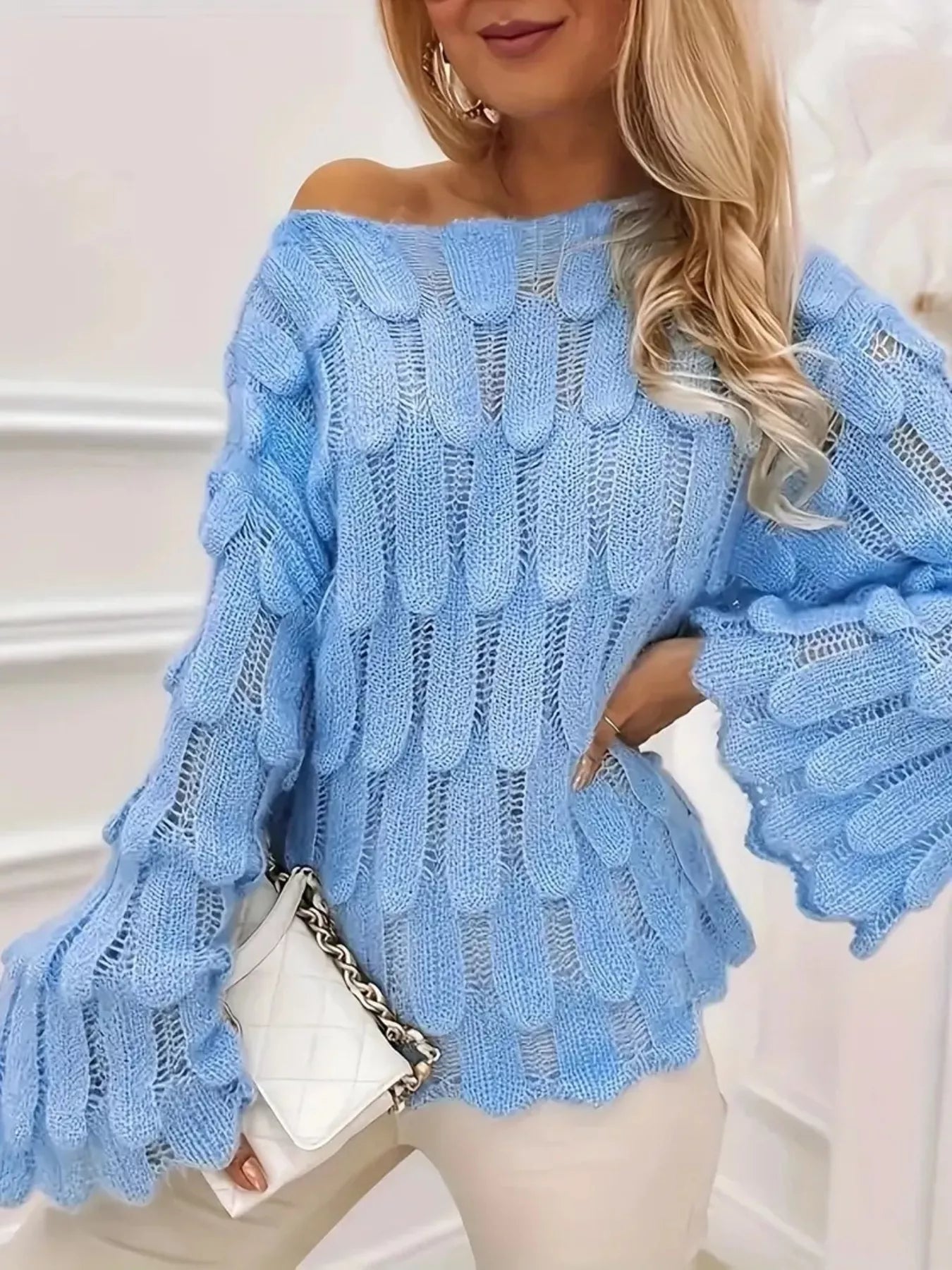 Textured Knit Bell Sleeve Top in light blue with openwork design and elegant casual style.
