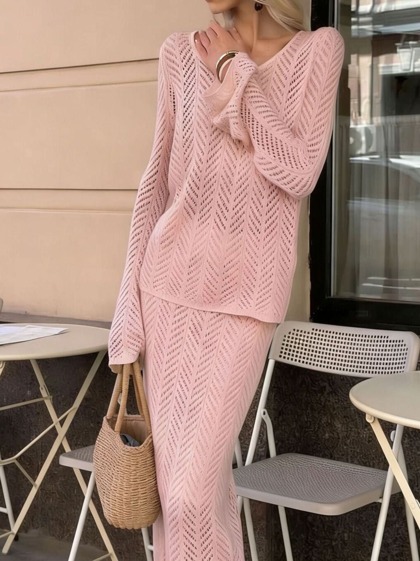 Openwork Long Sleeve Knit Top and Skirt Set Elegant Women Outfit in light pink with woven design