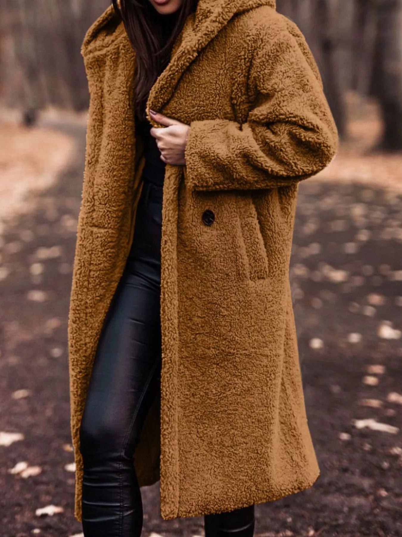 Teddy Bear Hooded Longline Outerwear in warm brown color, featuring buttoned closure and pockets for cozy style.