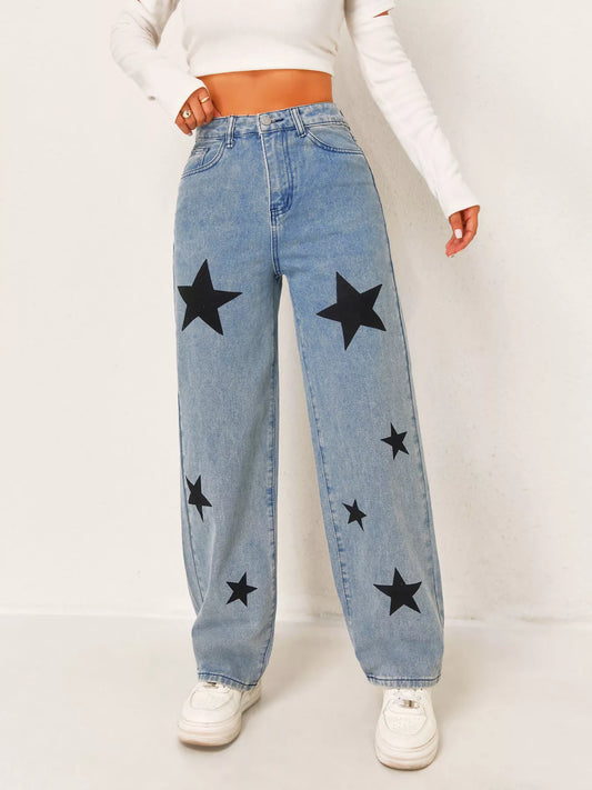 Model wearing Star High Waist Wide Leg Jeans with black star print for trendy everyday style.