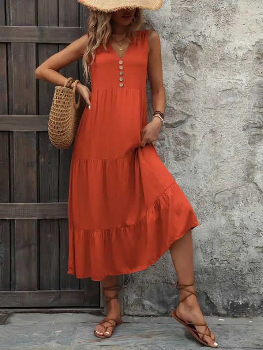 Ivy Lane Decorative Button Notched Sleeveless Dress in stylish orange, featuring decorative buttons and a relaxed fit.