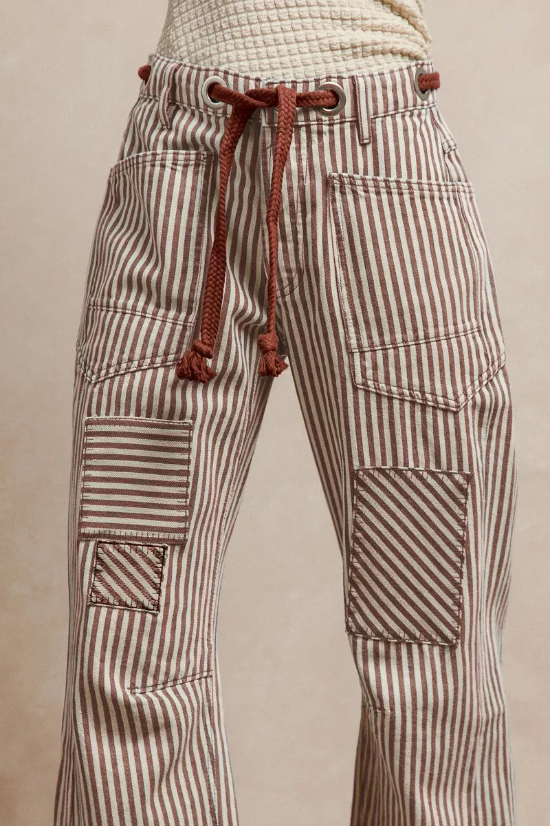 Drawstring Striped Twill Barrel Pants featuring a chic striped design and adjustable drawstring waist for a relaxed fit.