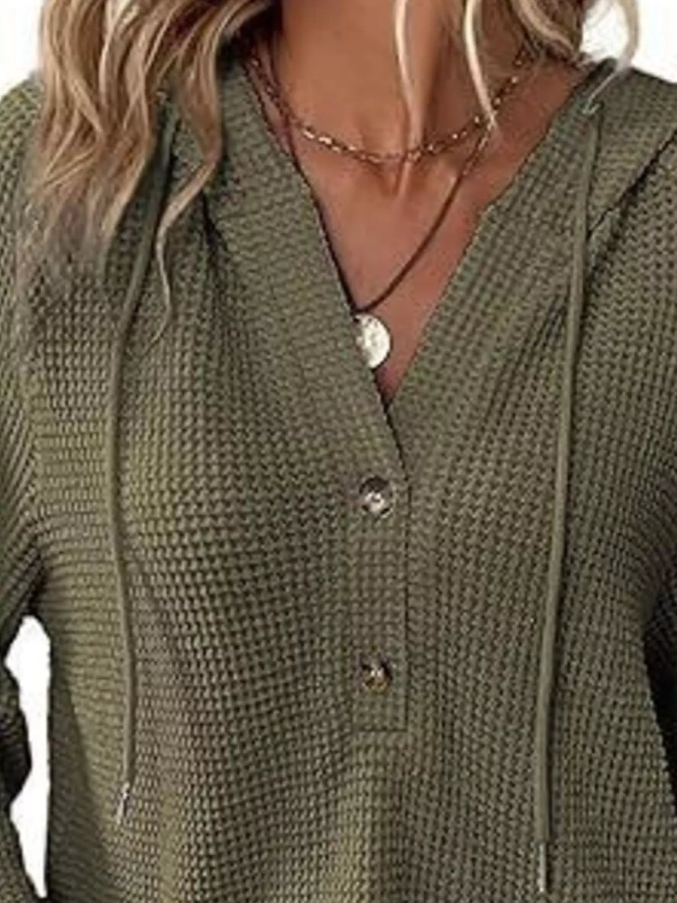 Full Size Button Detail Waffle Knit Hoodie Plus Size in olive green with button detail and hood.