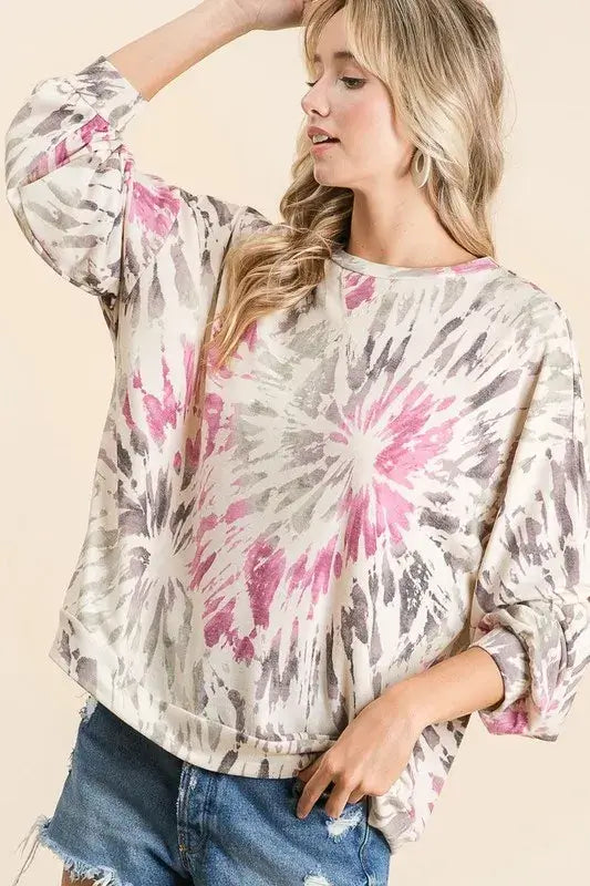 BiBi Tie Dye Print Terry Pullover in vibrant colors, perfect for playful everyday style and casual outings.