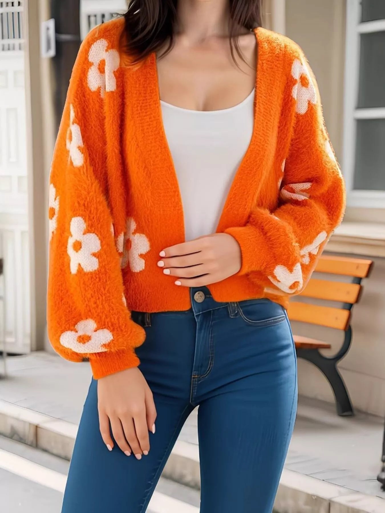 Floral Open Front Cardigan for Women Everyday Style in orange with white flower pattern, slightly stretchy and comfortable.