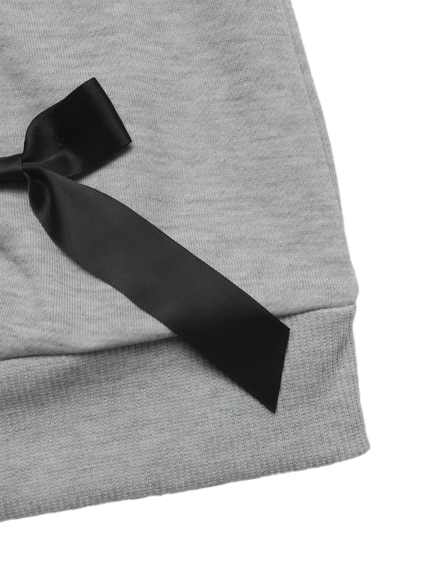 Bow Detail Round Neck Sweatshirt showcasing elegant black bow accent and soft gray fabric.
