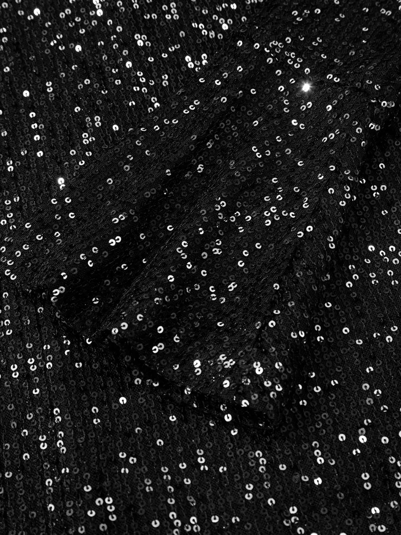 Close-up of sparkling sequins on the Sequin Mock Neck Drape Open Back Bell Sleeve Top for glam nights.