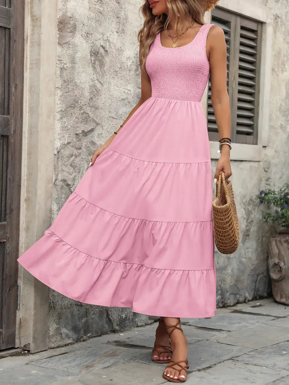Ivy Lane smocked scoop neck sleeveless tank dress in pink with tiered ruffles, perfect for summer styling.