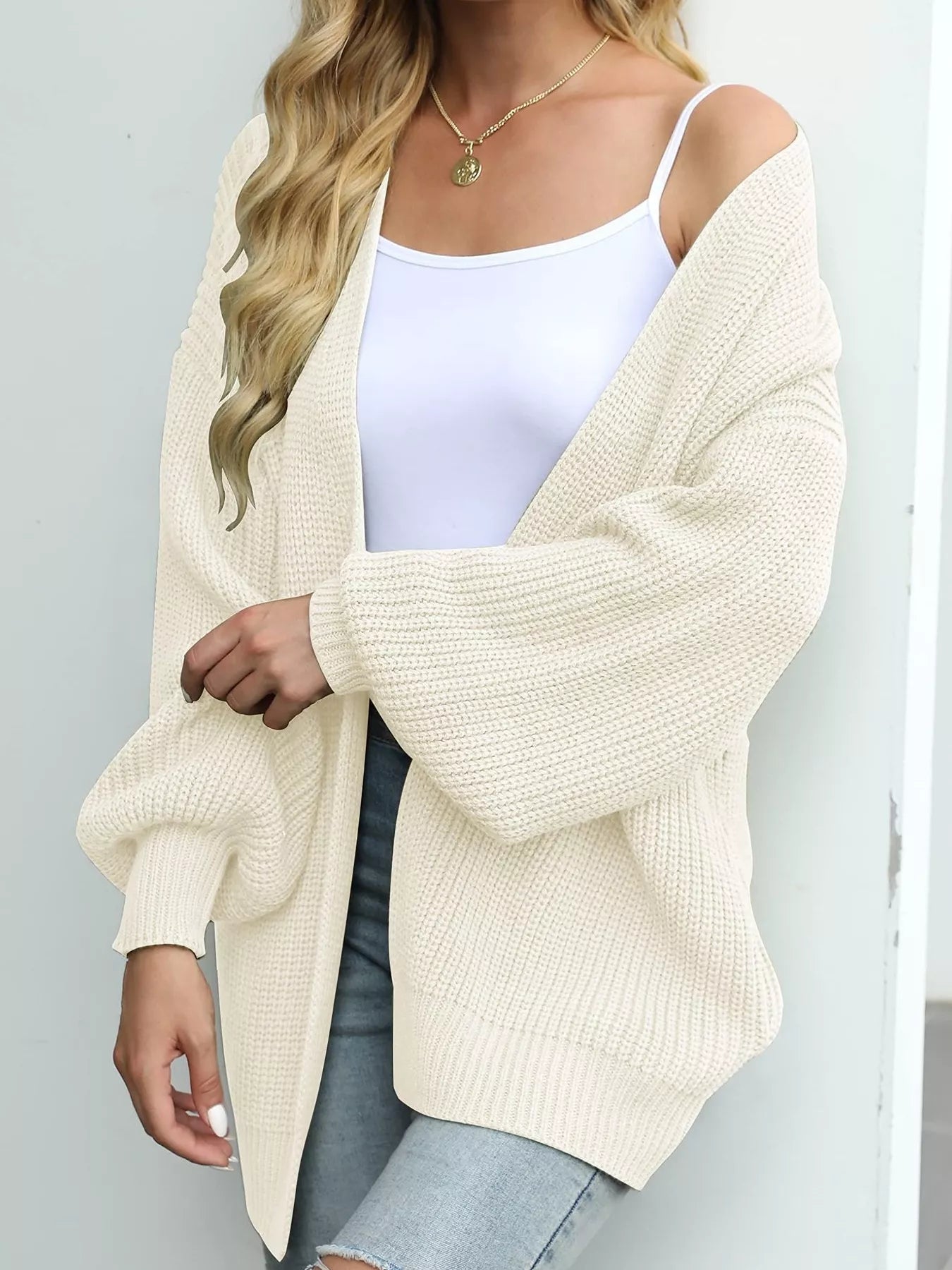 Chunky Knit Open Front Cardigan for Women in cream color, oversized cozy style perfect for casual wear.