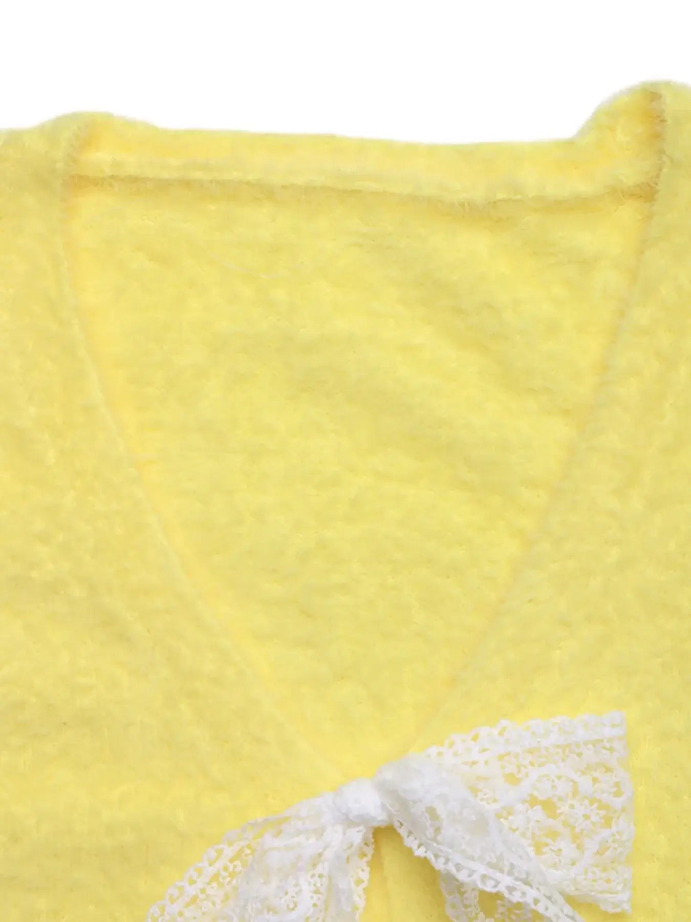 Lace Bow-Tie Front Long Sleeve Cardigan in yellow with lace bow-tie detail. Perfect for chic style and layered outfits.