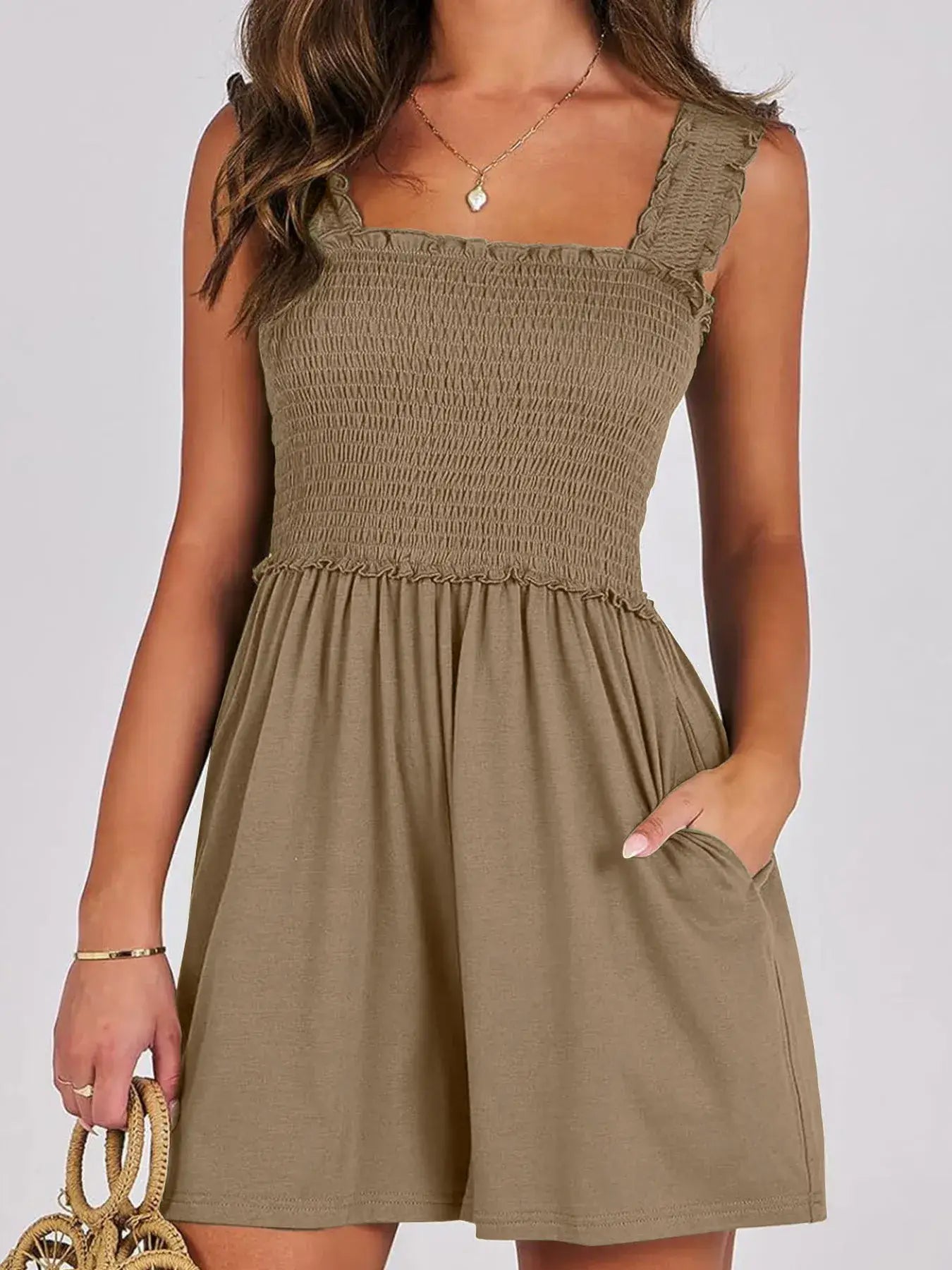 Smocked Square Neck Summer Romper with ruffled edges and pockets in olive green.