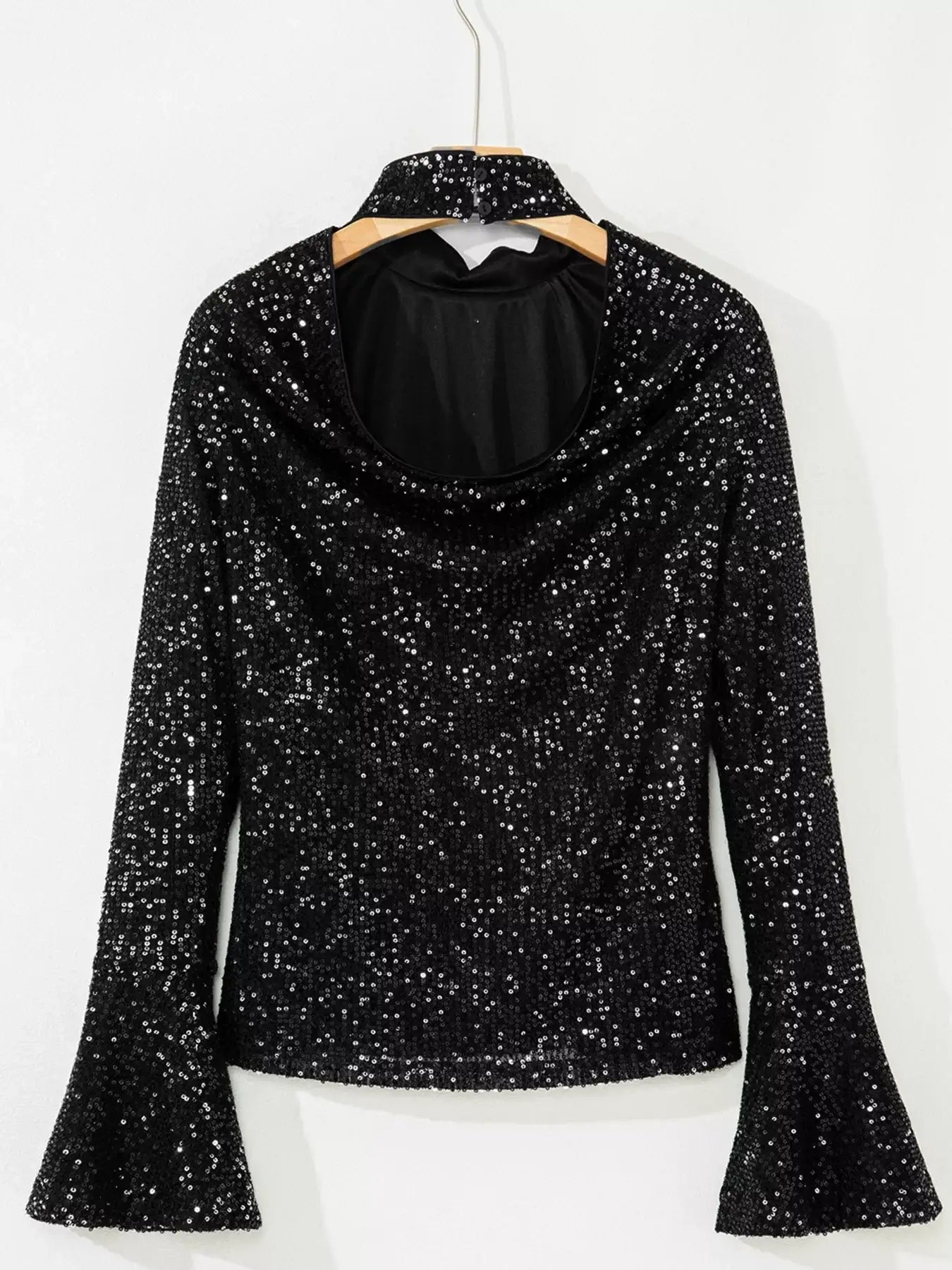 Sequin Mock Neck Drape Open Back Bell Sleeve Top in black with shimmering sequins and elegant bell sleeves.