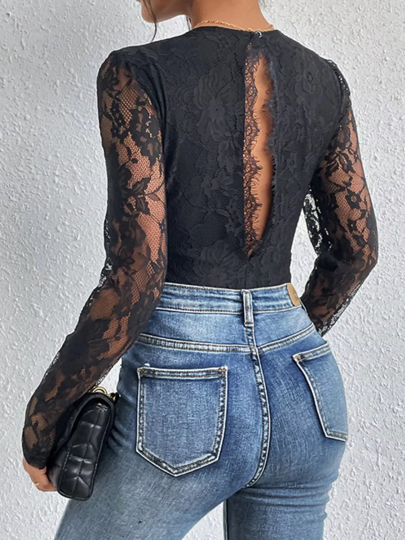 Lace V-Neck Long Sleeve Bodysuit showcased with black lace detailing and a stylish back view.