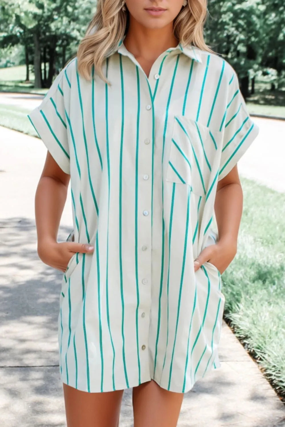 St Patricks Striped Wide Short Sleeve Shift Mini Shirt Dress featuring a pocket, buttoned design, and breathable cotton material.