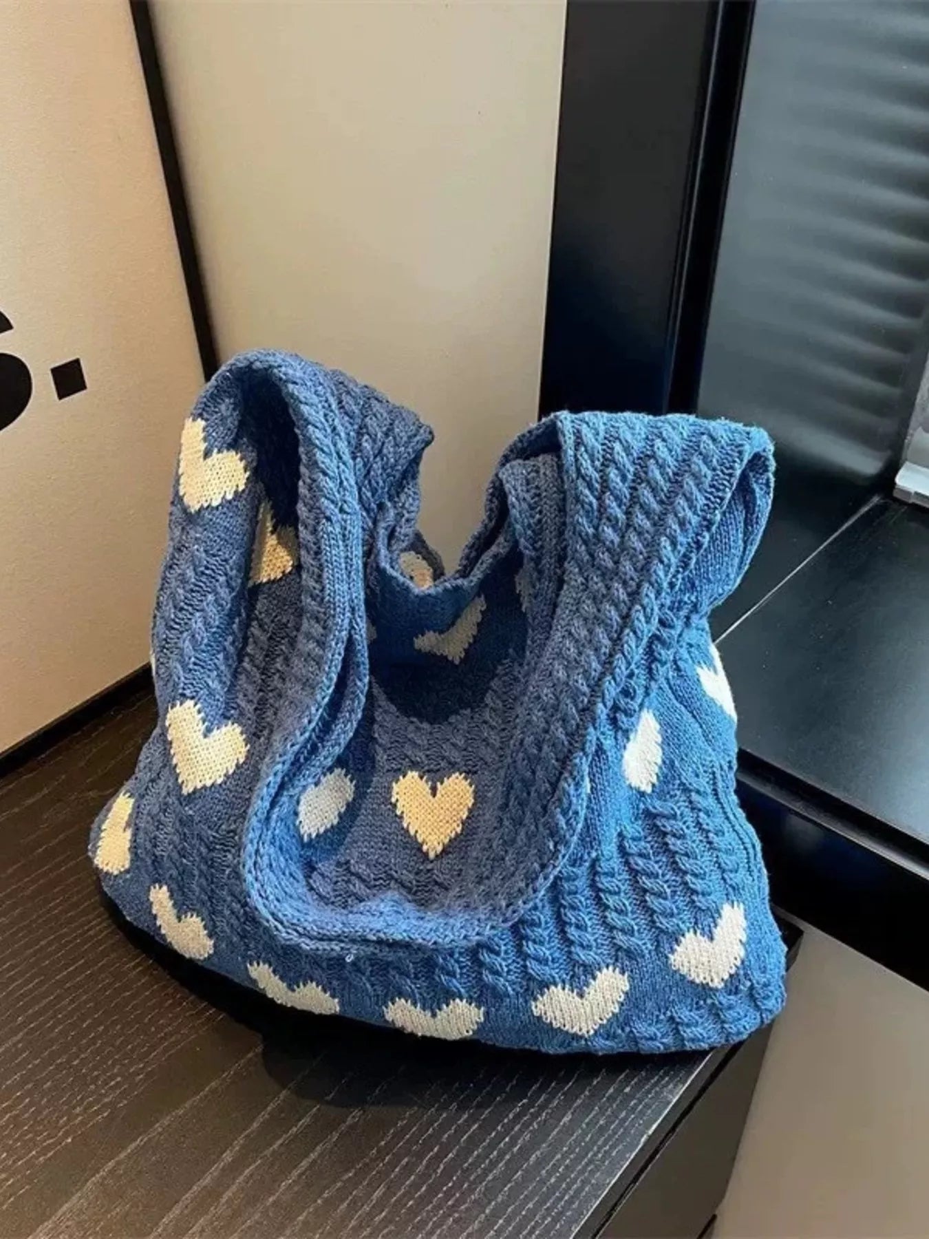 Heart Pattern Knitted Handbag in blue with white heart design, perfect for everyday casual style.