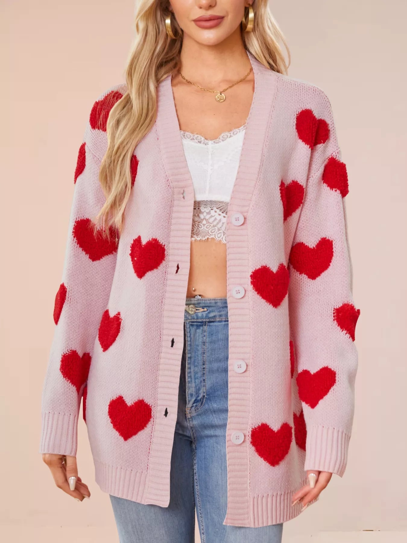 Heart Pattern Knit Button Up Cardigan for Women, featuring pink color and red heart design, perfect for stylish layering.