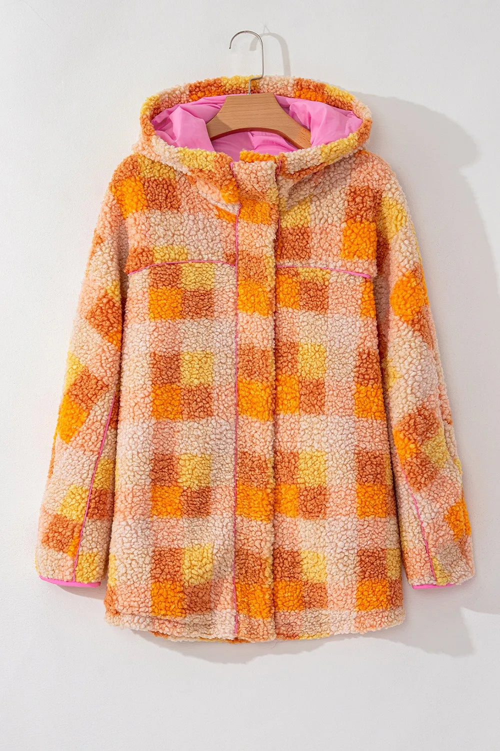 Checkered Long Sleeve Sherpa Hooded Jacket featuring colorful orange and yellow patterns, ideal for cozy everyday wear.