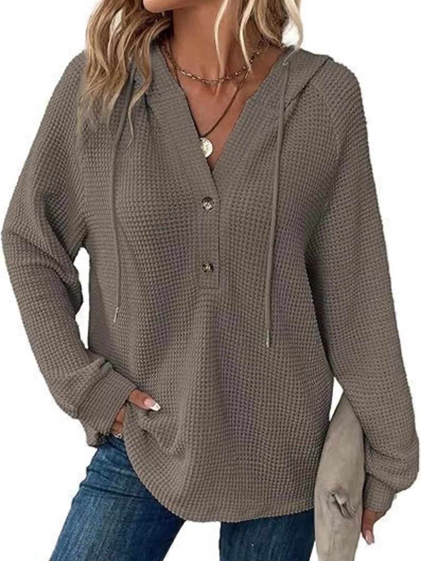 Full Size Button Detail Waffle Knit Hoodie Plus Size in soft waffle knit fabric, featuring button detail and hood.