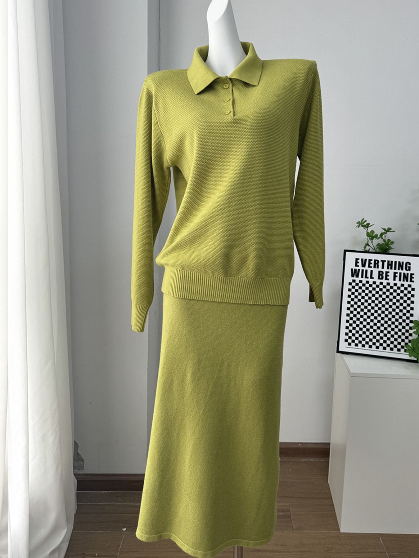 Polo Collar Knit Two Piece Set in green, featuring top and skirt, showcasing a buttoned and tied design.