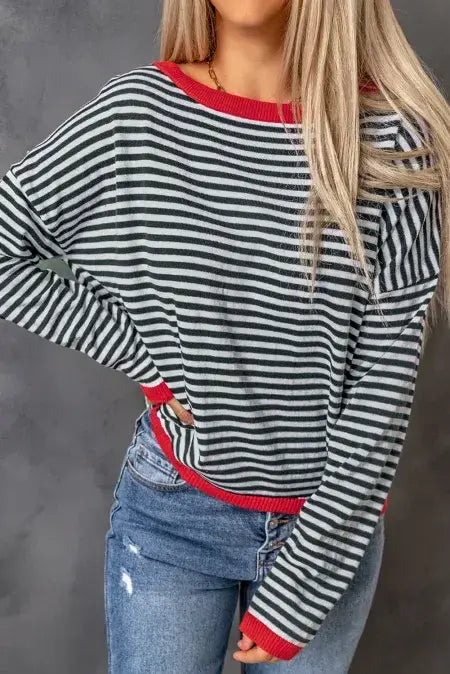 Striped Round Neck Drop Shoulder T-Shirt worn with jeans, showcasing casual and trendy style in horizontal stripes.