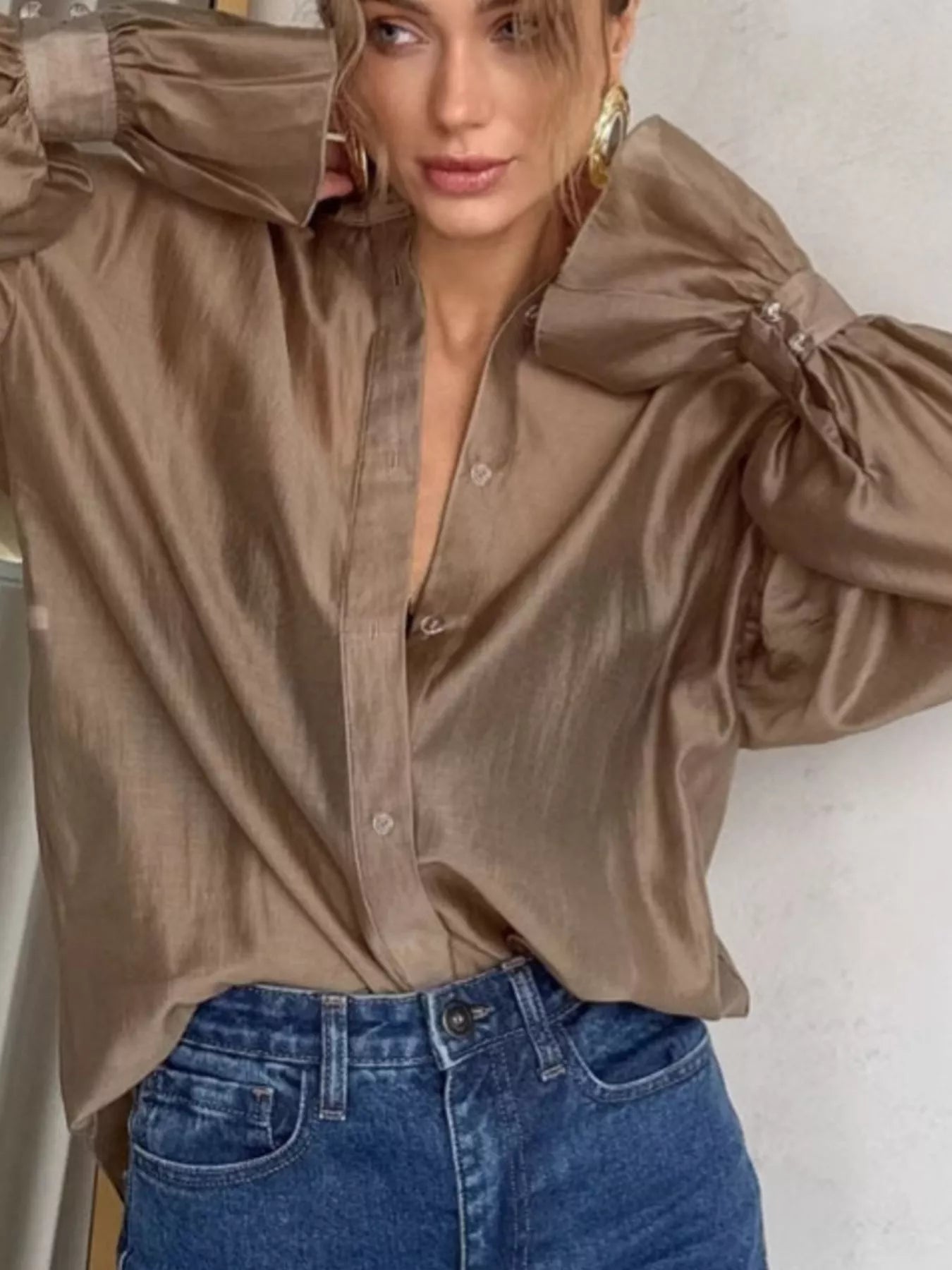 Button Up Flounce Sleeve Shirt in a stylish brown color, featuring a buttoned front and elegant flounce sleeves.