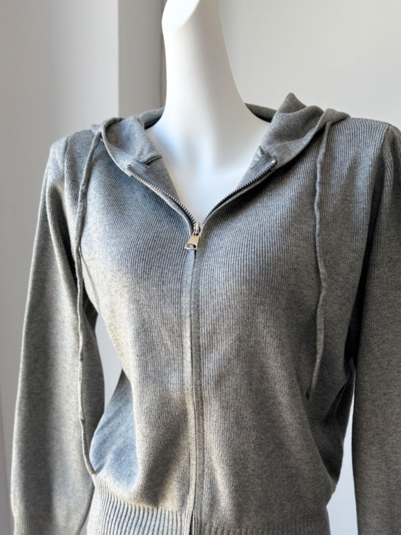 Zip Up Cardigan and Wide Leg Pants Knit Set zipper detail on gray hoodie, part of women's two piece outfit.