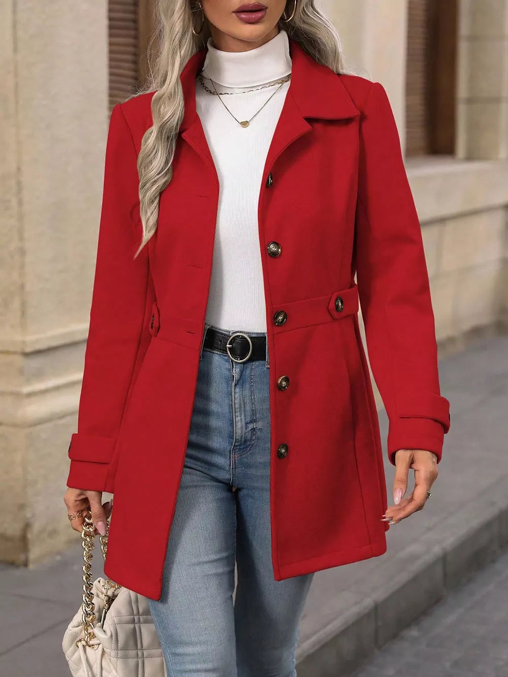 Collared Neck Button Up Coat in red, featuring buttons and pockets, perfect for classic everyday outerwear.