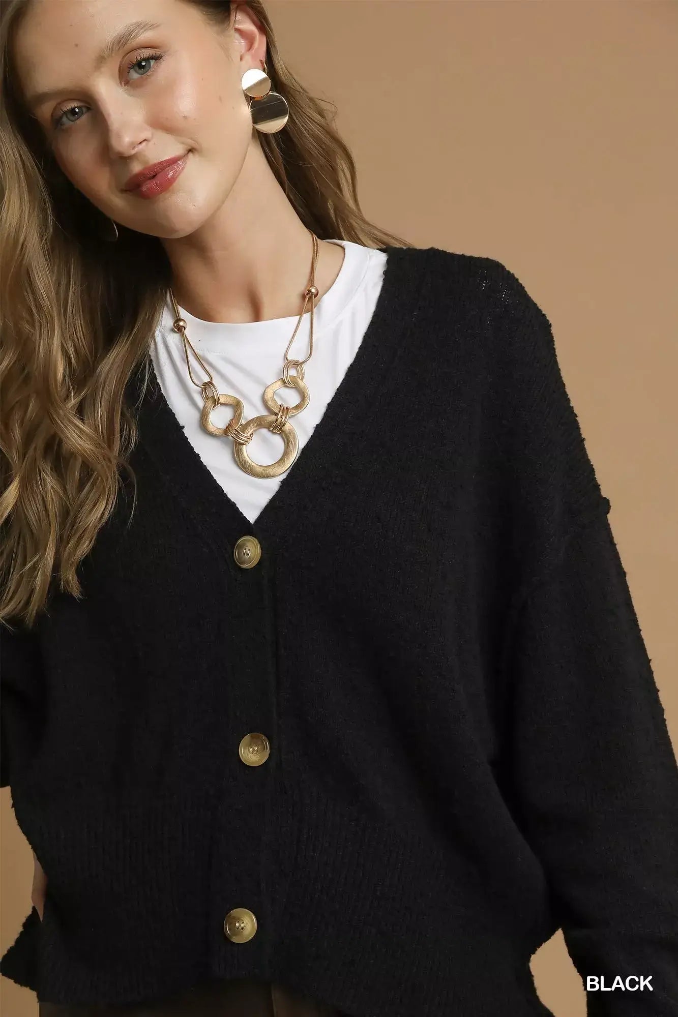 Umgee Button-Front V-Neck Knit Cardigan for Women in black, featuring a stylish button-front and V-neckline.