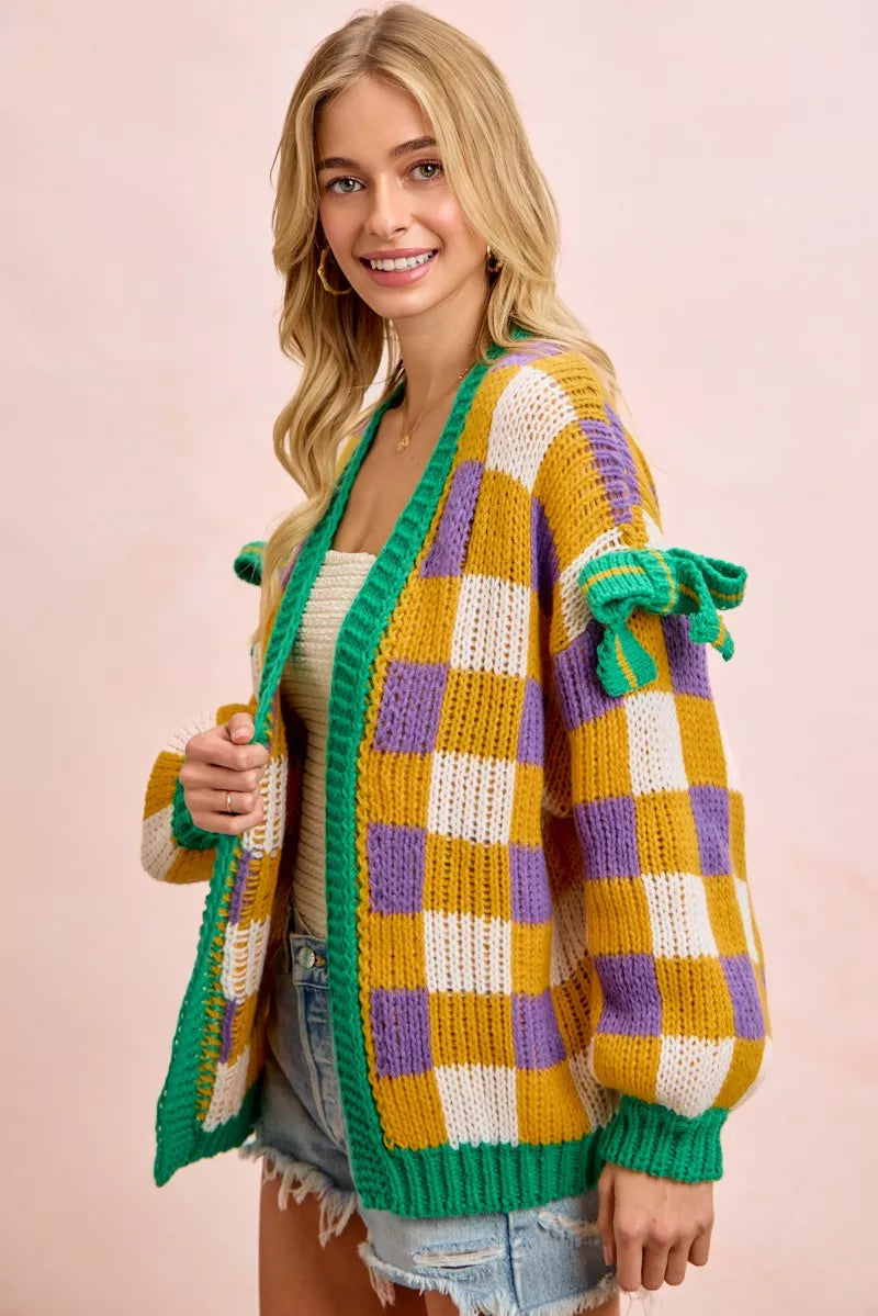 Bibi Mardi Gras Checker Board Front Open Cardigan for Women featuring colorful checkerboard pattern and open front design.