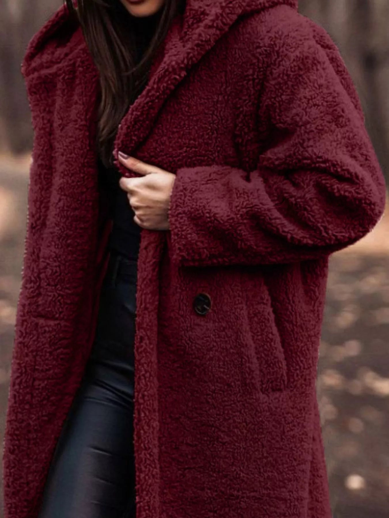 Teddy Bear Hooded Longline Outerwear in a rich burgundy color, featuring a buttoned design and cozy texture, perfect for everyday style.