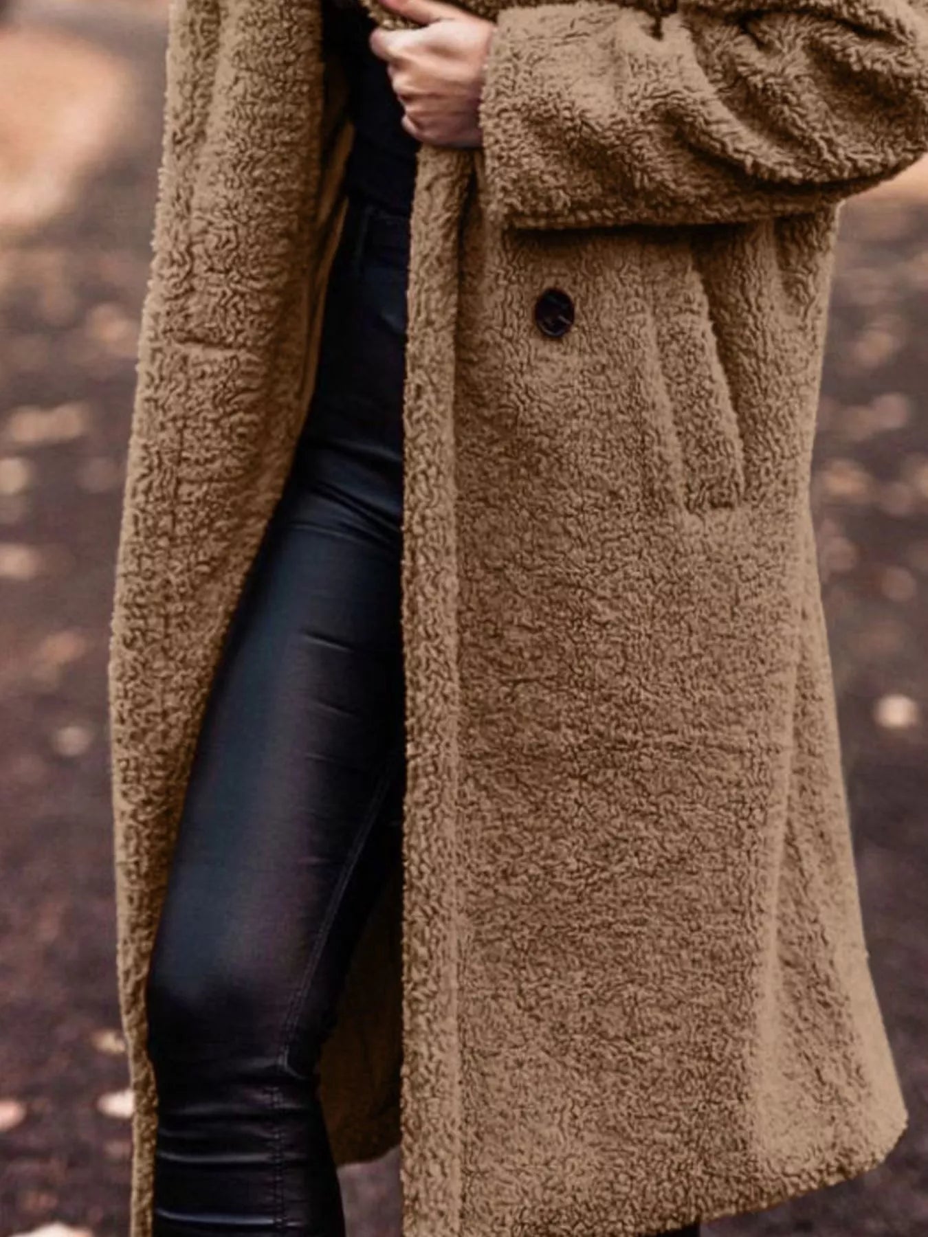 Teddy Bear Hooded Longline Outerwear in brown, featuring buttoned closure and pockets, perfect for cozy everyday style.