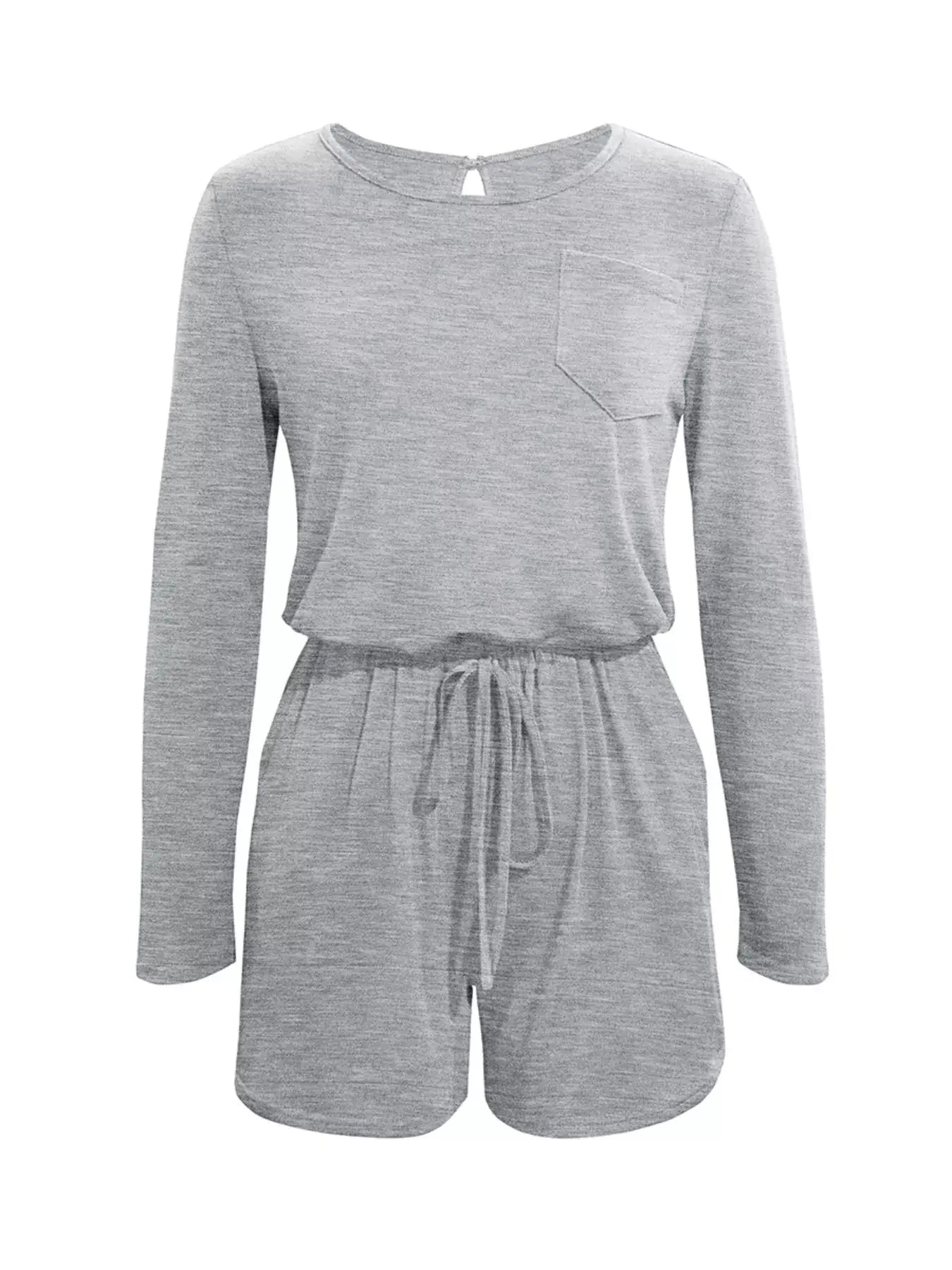 Long Sleeve Drawstring Romper in gray with a pocket and adjustable drawstring waist for a comfortable fit.