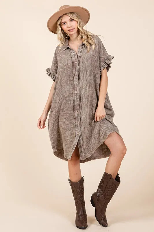 Mineral Wash Cotton Gauze Mini Shirt Dress for Women in lightweight fabric with button-down front and ruffle sleeves.