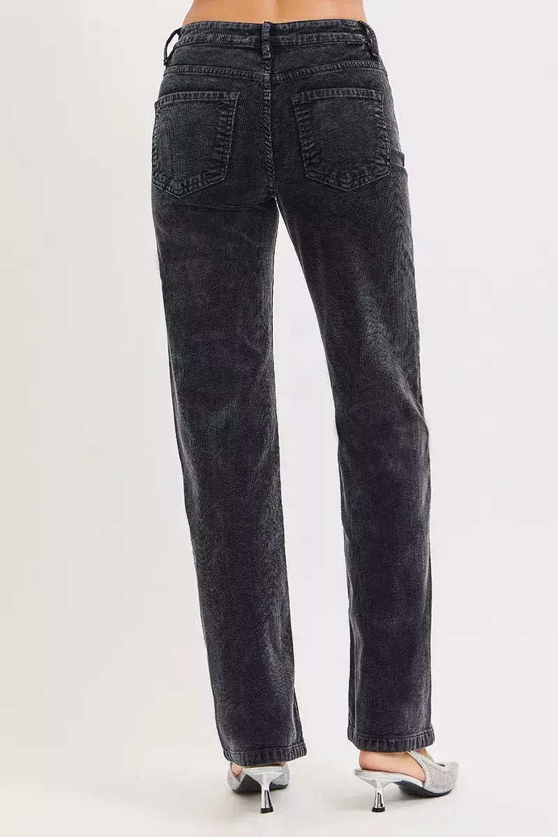 RISEN Tummy Control Mid Rise Straight Leg Corduroy Pants shown from the back, featuring a classic fit and stylish design.