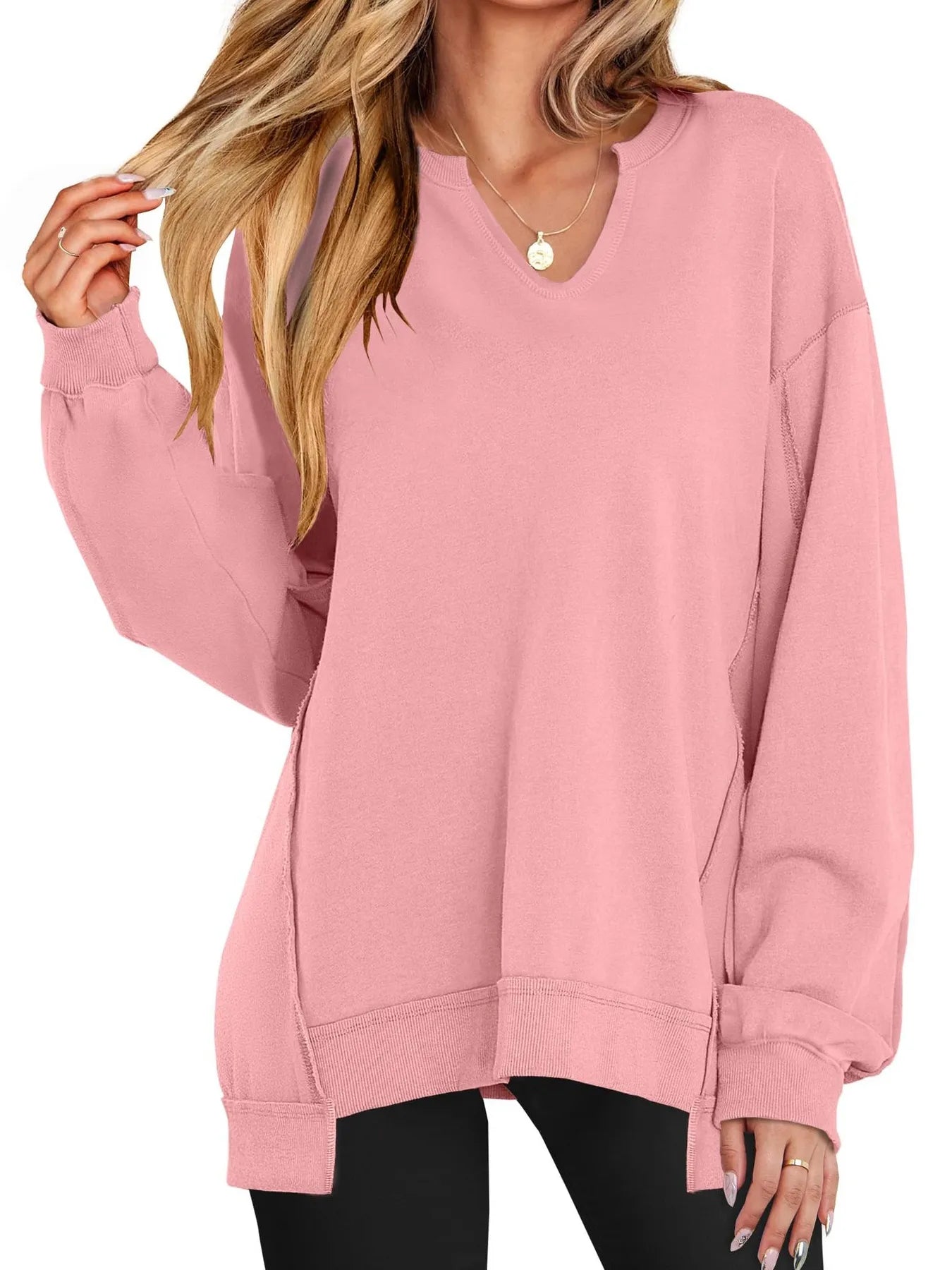 Notched Long Sleeve Oversized Sweatshirt in pink for casual wear with contrast stitching.