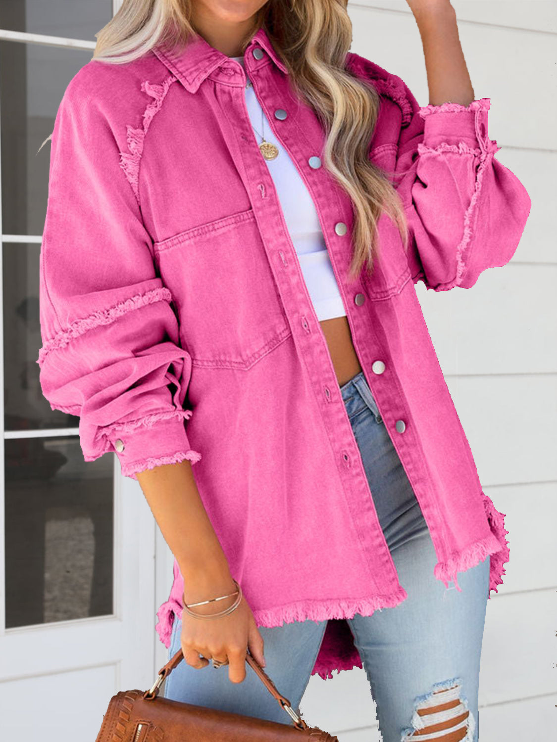 Button Down Raw Hem Denim Jacket in vibrant pink, featuring a raw hem and buttoned front for modern casual style.