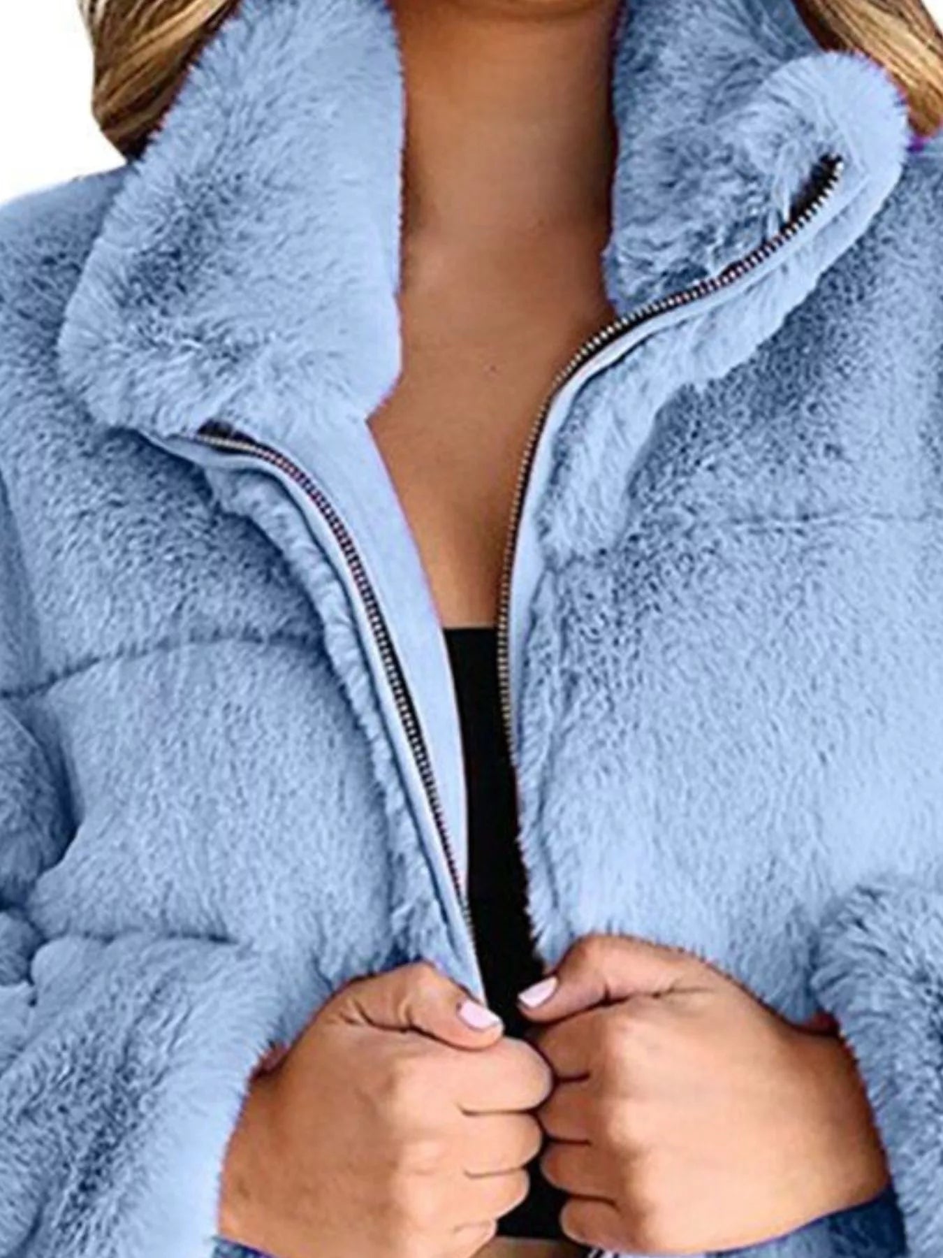 Faux Fur Cropped Zip-Up Jacket in soft blue color, featuring an oversized design and zipper closure.