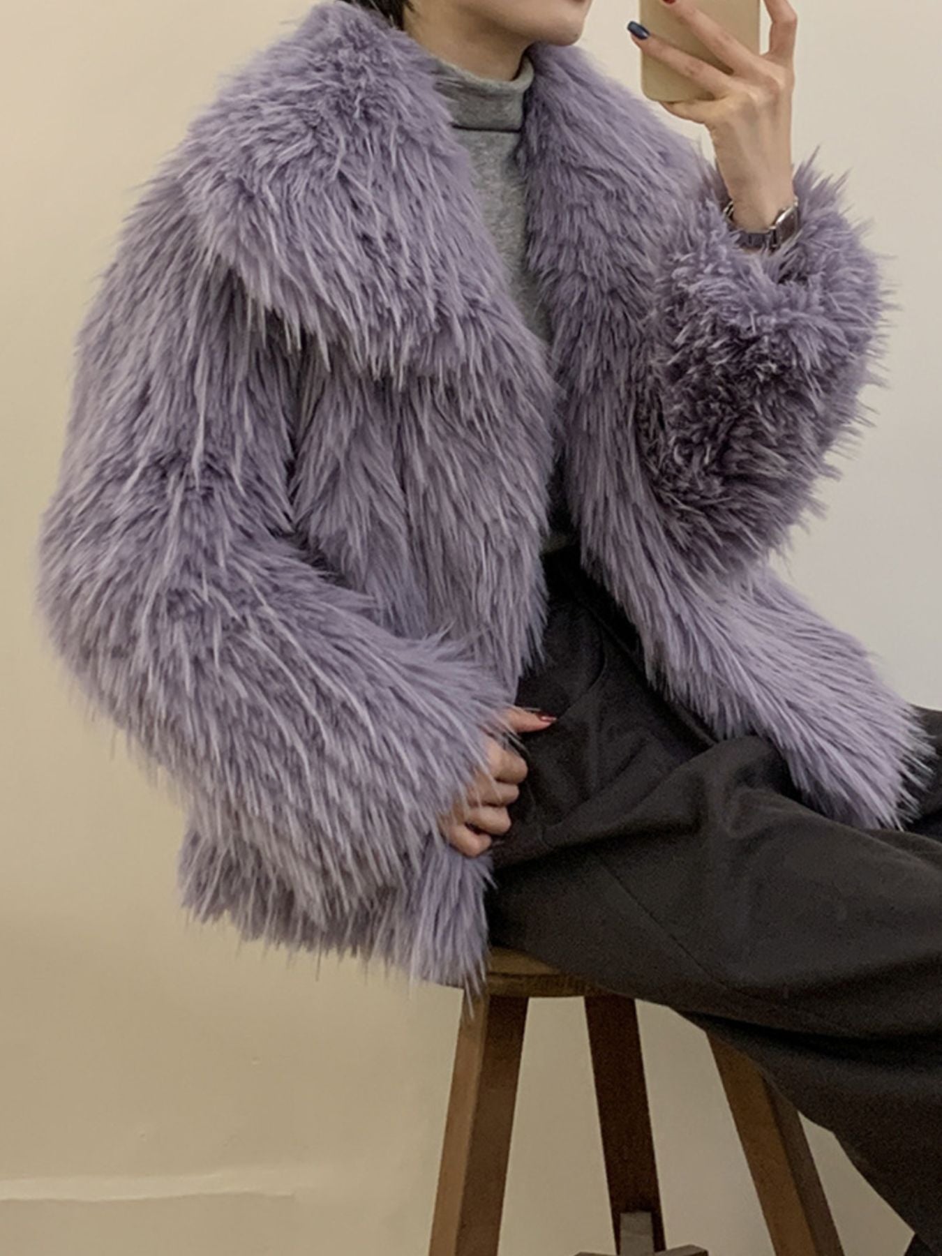 Faux Fur Open Front Outerwear in lavender color, showcasing a cozy elegant winter layer with thick plush texture.