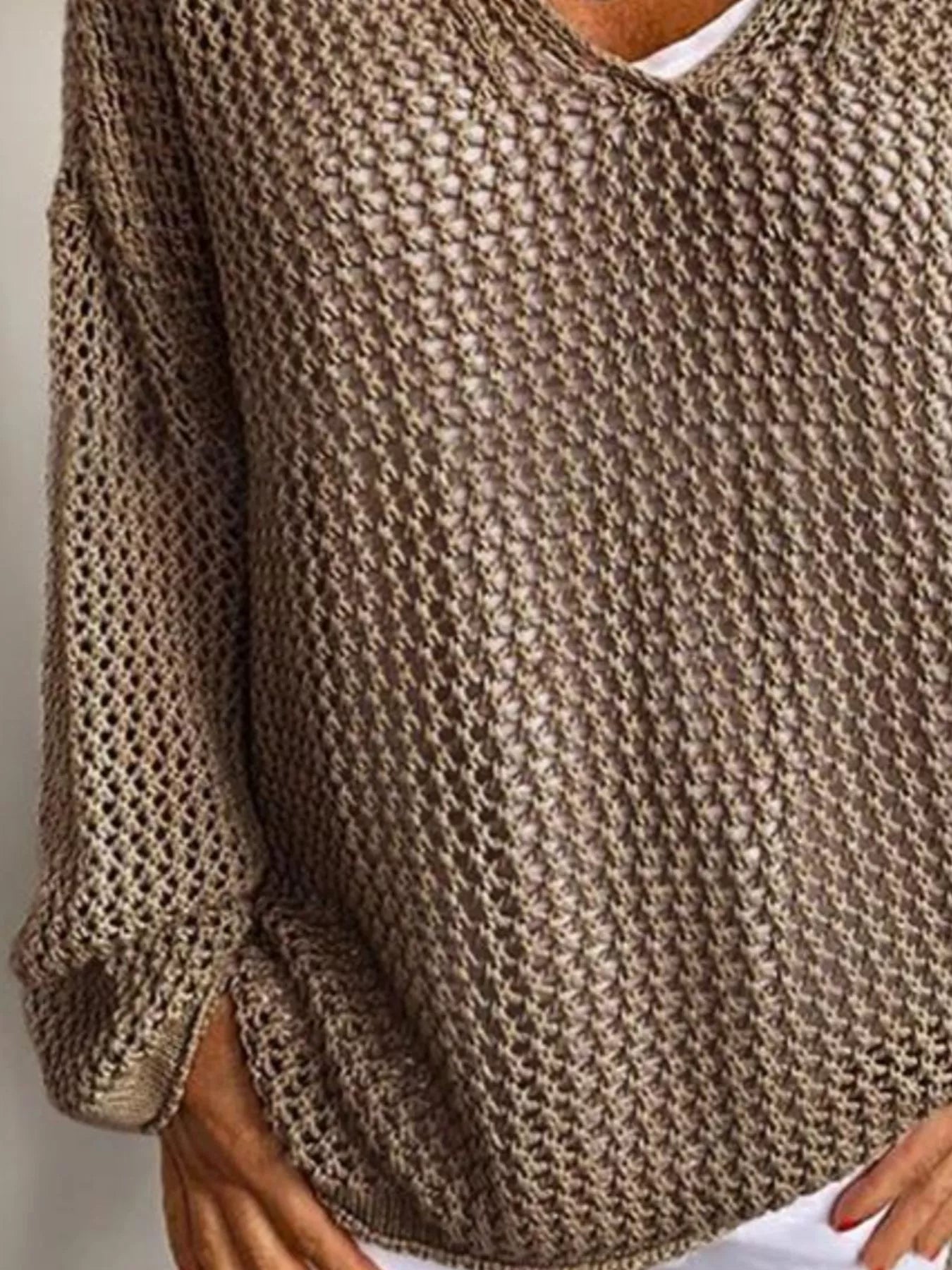 Crochet Hooded Knit Cover Up in a stylish beige hue, featuring a v-neck and open knit design.