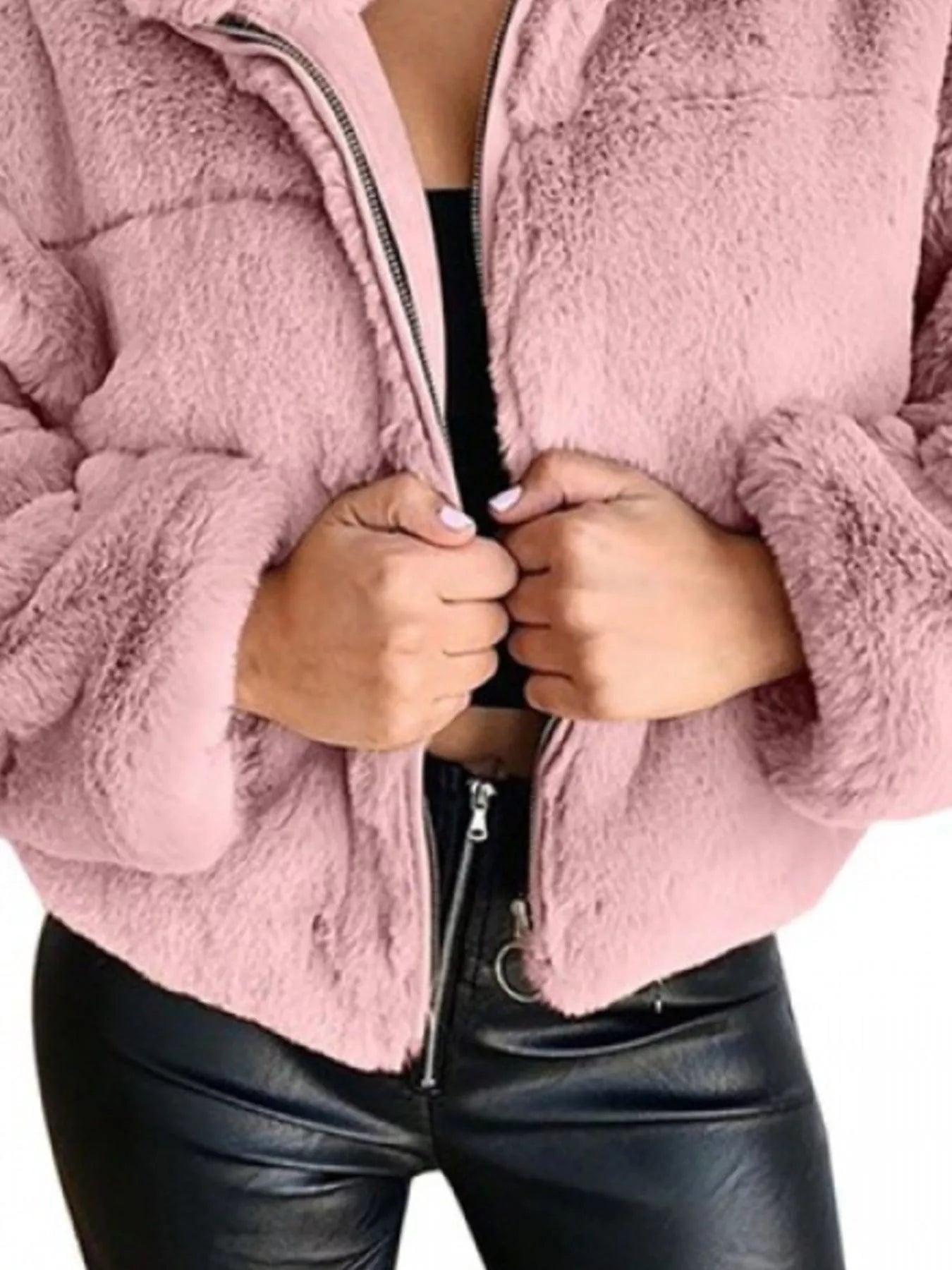 Faux Fur Cropped Zip-Up Jacket in soft pink color, featuring oversized sleeves, perfect for cozy cold-season style.