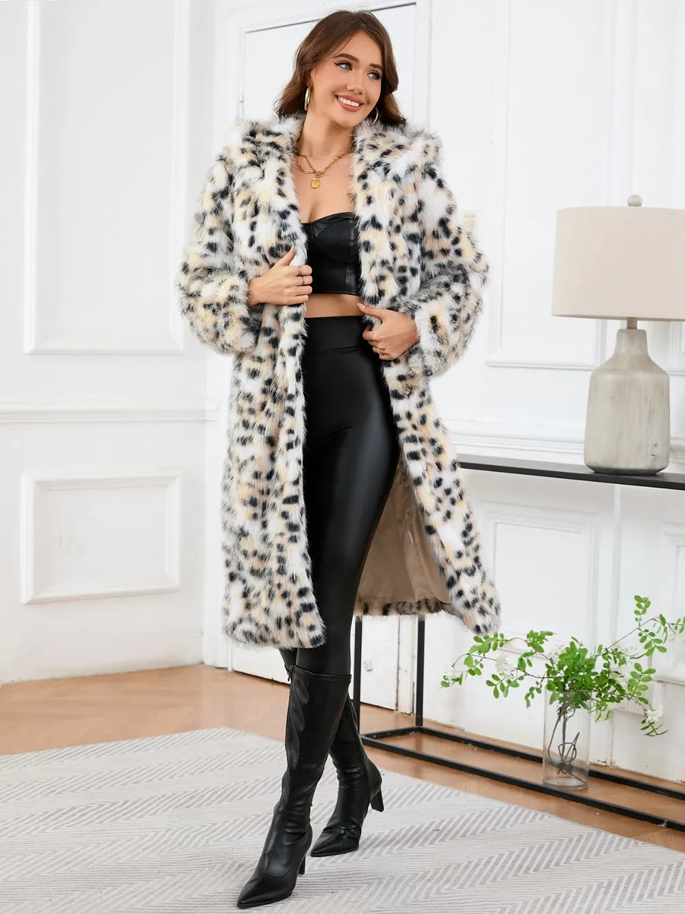 Model wearing Thermal Leopard Faux Fur Hooded Outerwear with black outfit, showcasing trendy winter fashion.