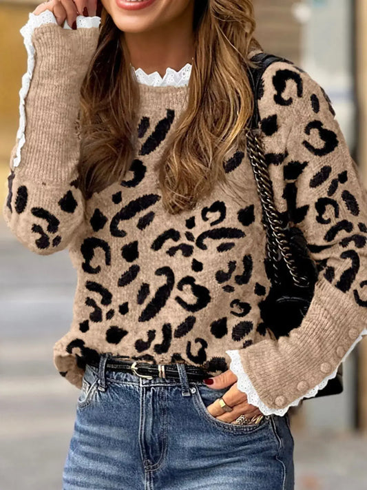 Leopard Pattern Lace Ribbed Detail Button Top showcasing a stylish leopard print with lace and ribbed details.