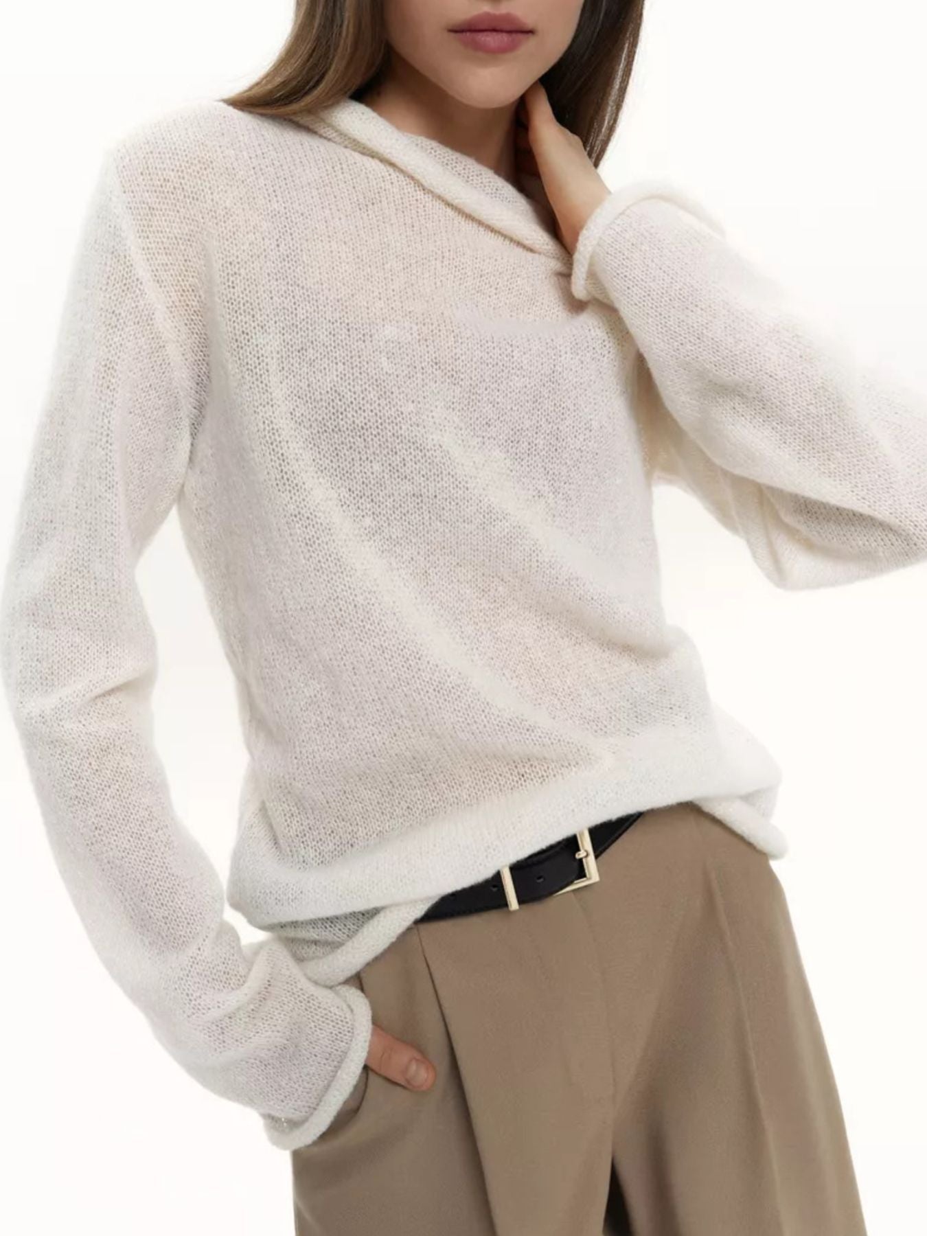 Mock Neck Long Sleeve Sweater in light color, worn with stylish pants, perfect for casual outfit.