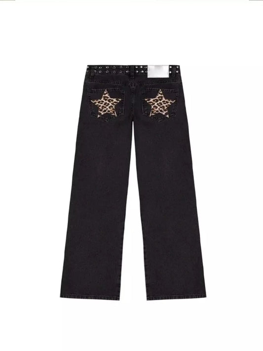 Leopard Star Patches Wide Leg Jeans showcasing leopard star patches on back pockets and wide leg design.
