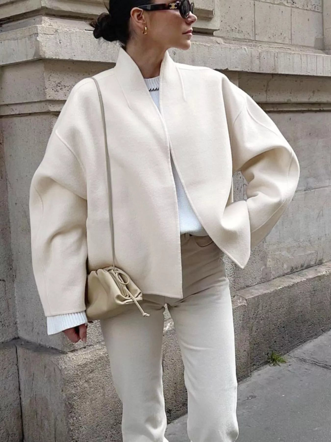 Open Front Dropped Shoulder Outerwear for Women in cream color, worn with matching pants and accessories.