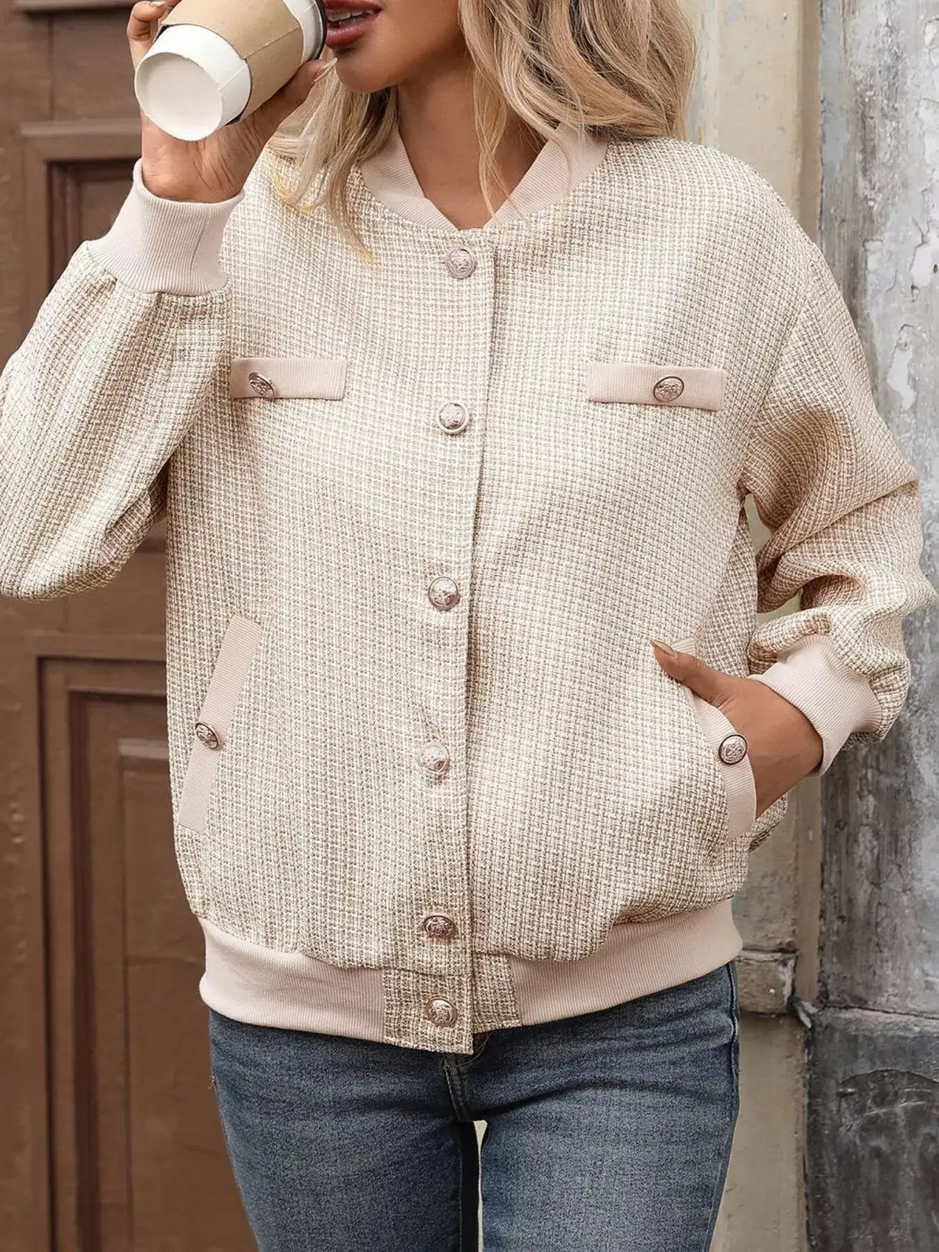 Button Up Long Sleeve Jacket with Pockets for Women in beige worn by a woman holding a coffee cup.