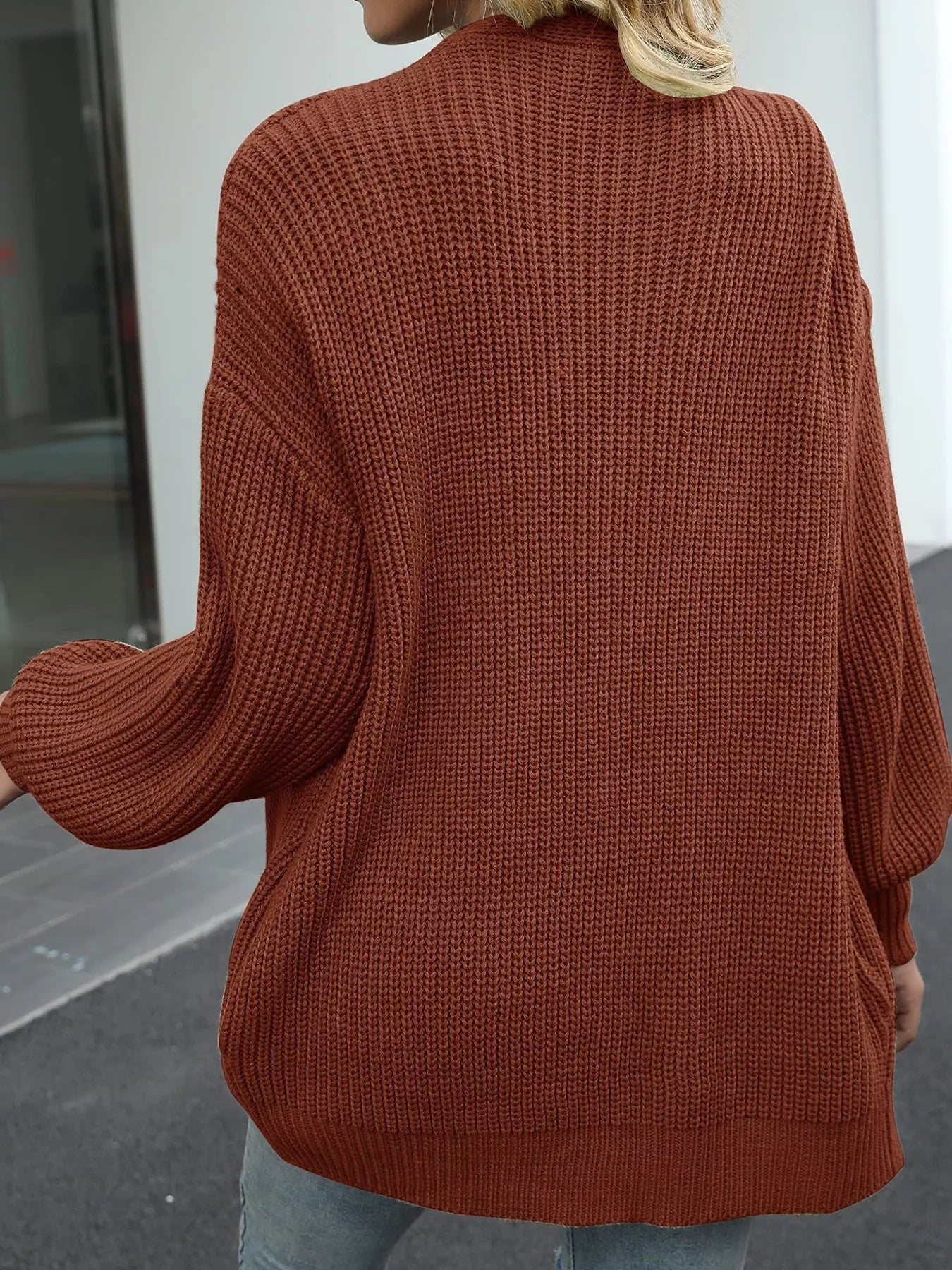 Chunky Knit Open Front Cardigan for Women in cozy rust color, showcasing oversized design and texture.