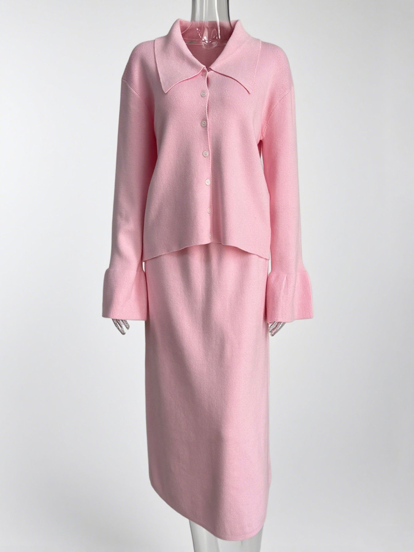 Button Down Cardigan and Skirt Knit Set – Women's Two Piece Outfit in soft pink, featuring ribbed fabric and button closure.