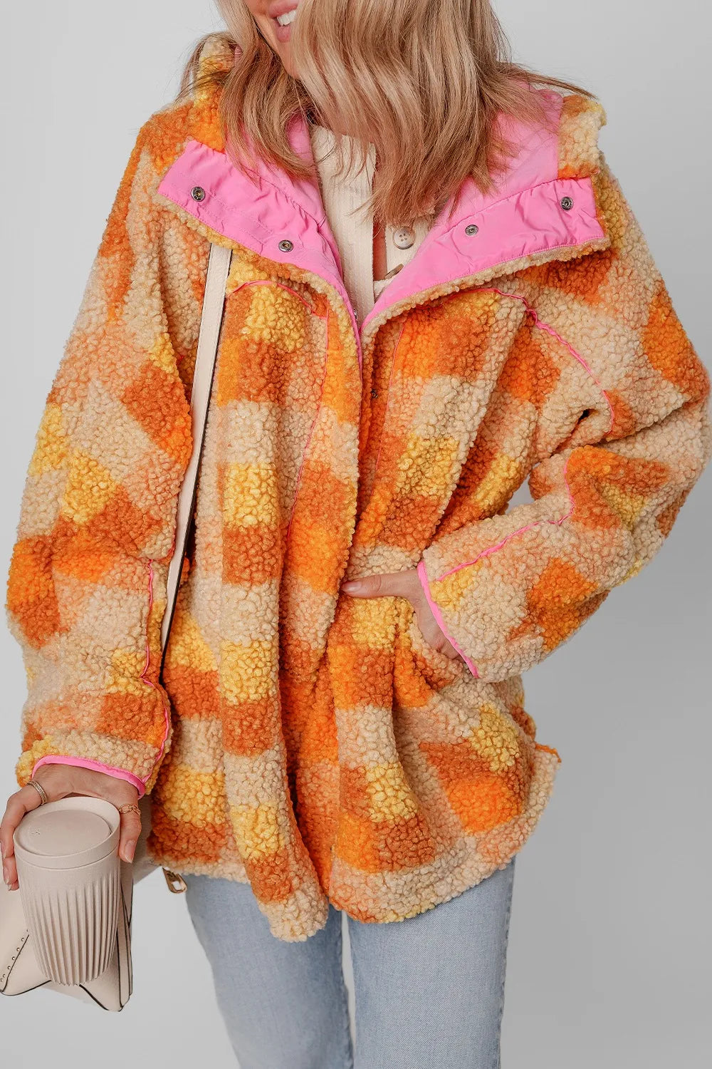 Checkered Long Sleeve Sherpa Hooded Jacket for cozy everyday wear in orange and pink plaid pattern.