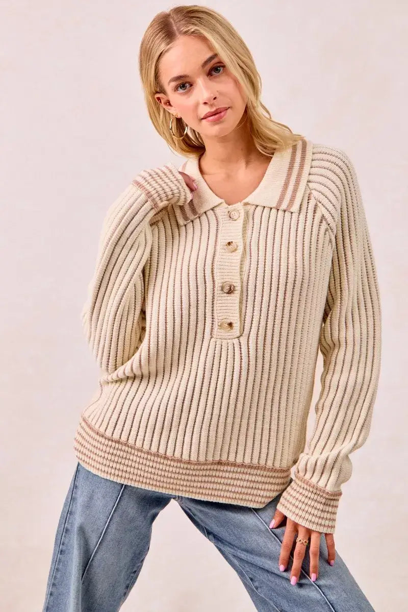 BiBi half button ribbed two tone sweater featuring a cozy knit design for chic everyday wear.